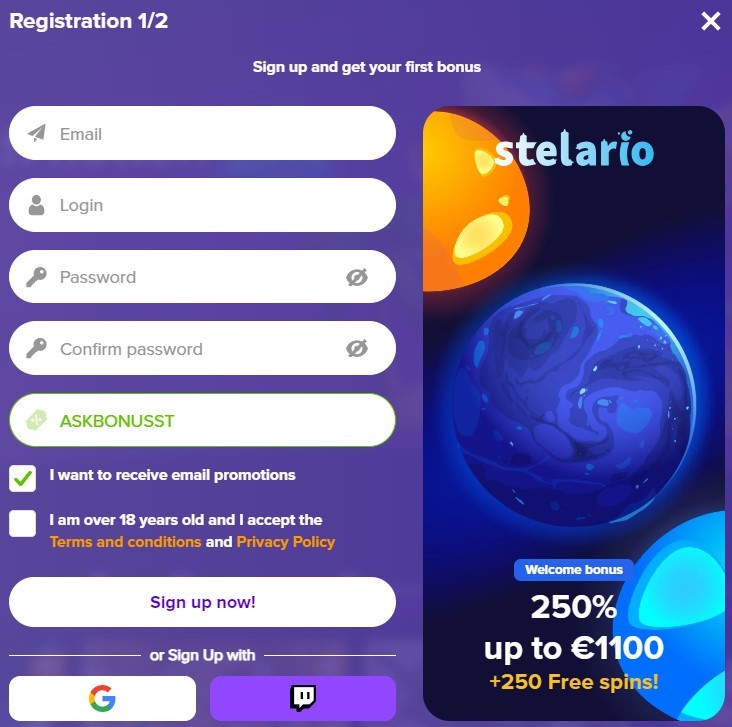 Stelario Casino sign up