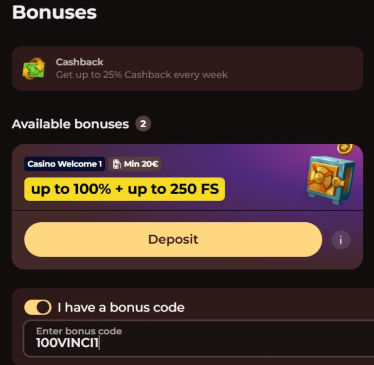 Vinci Spin Casino bonuses page showing a casino welcome bonus and a bonus code field containing 100VINCI.