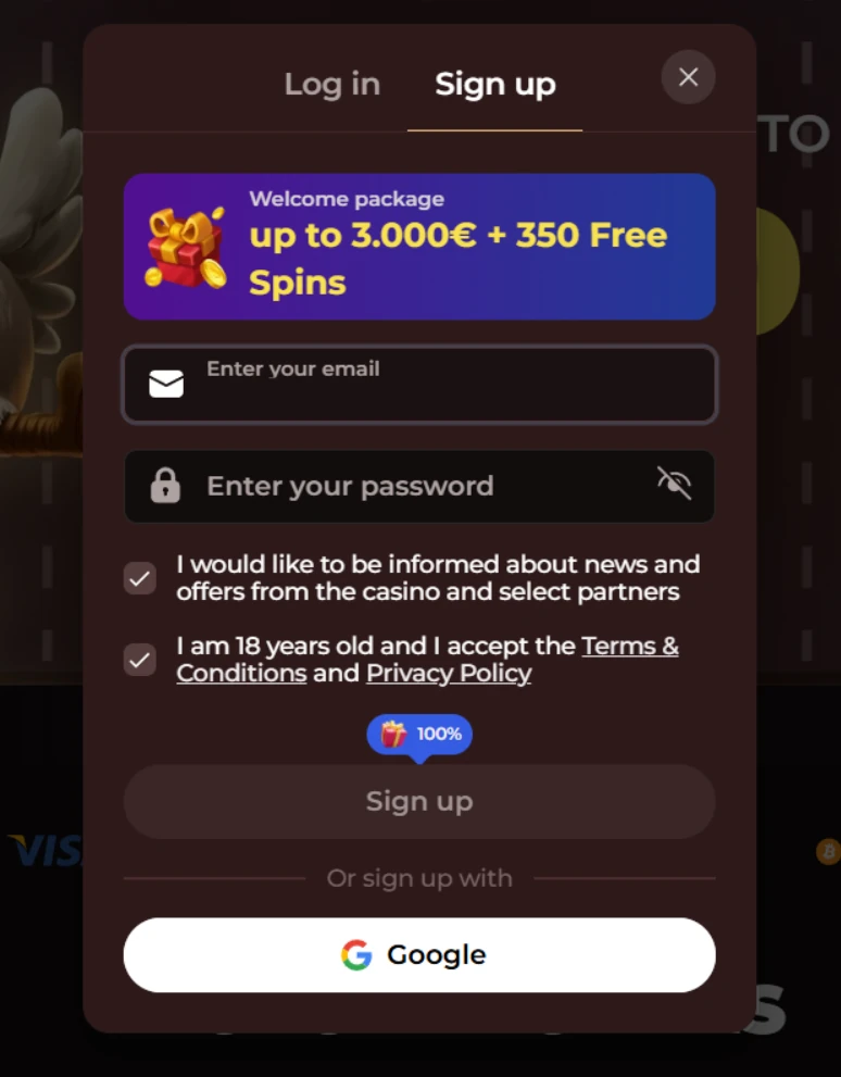 Vinci Spin Casino sign up screen showing a welcome package of up to €3,000 and 350 free spins with email and password fields.