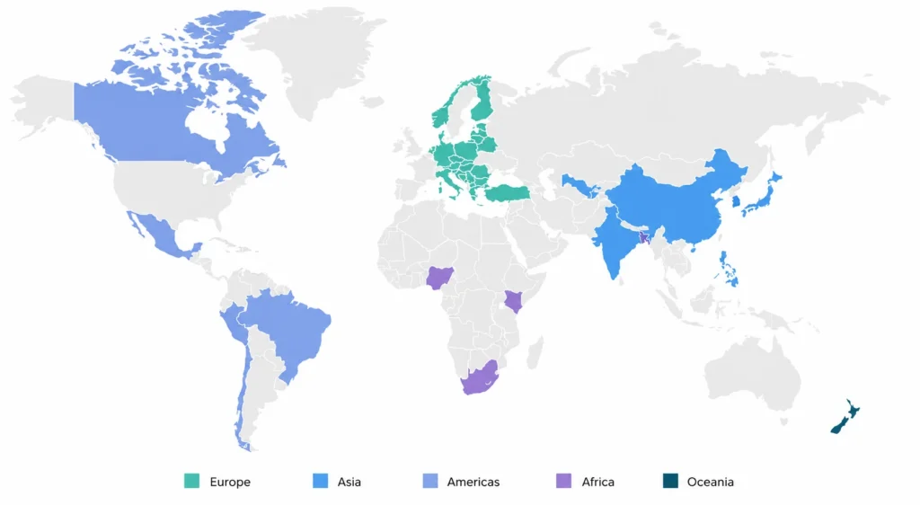 World map showing Goldbet supported regions across Europe, Asia, the Americas, Africa, and Oceania.