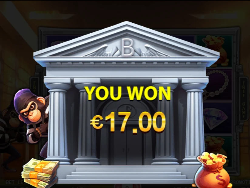 Monkey Heist win screen showing a €17.00 prize with bank vault graphics and money icons.