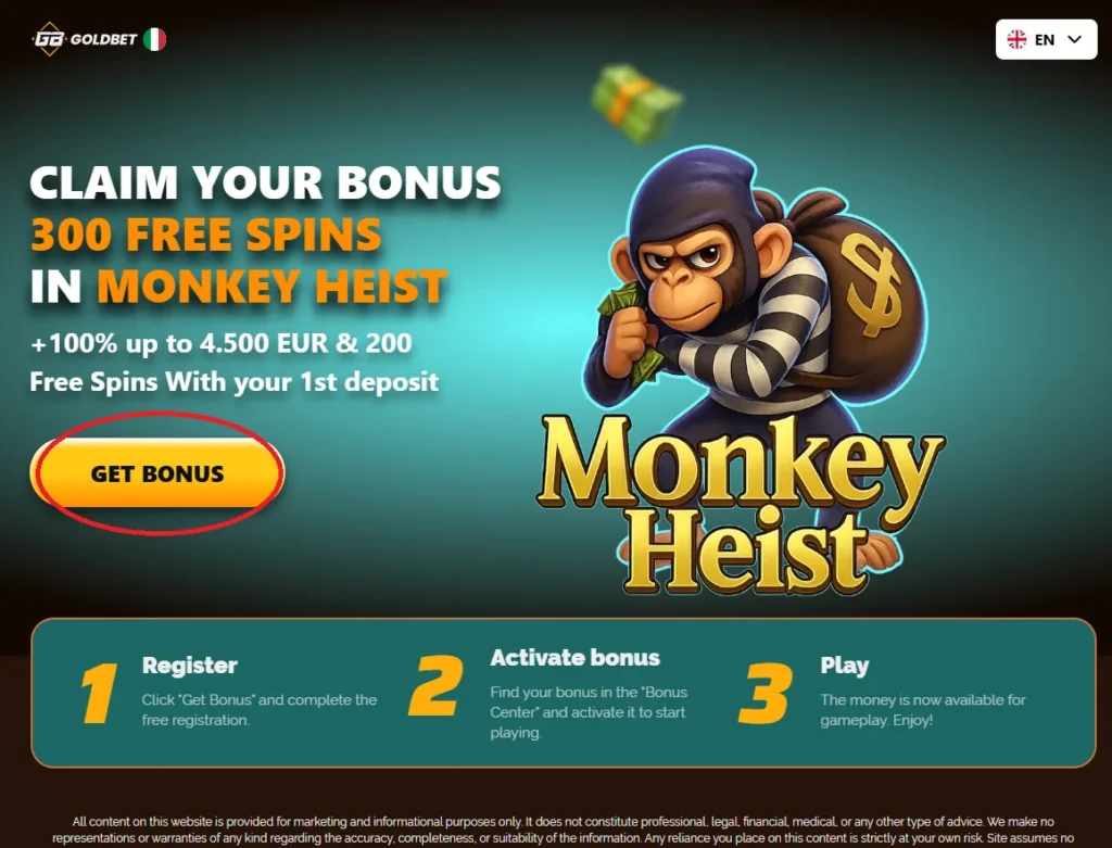 Goldbet active bonus card showing 300 free spins for Monkey Heist with a play game button.