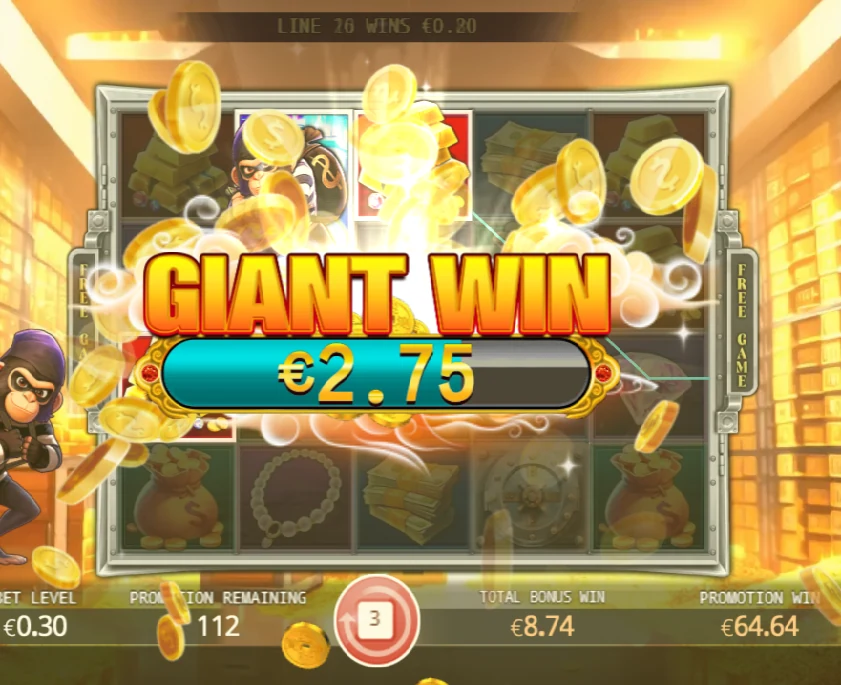 Monkey Heist slot screen showing a giant win of €2.75 during a free spins promotion.