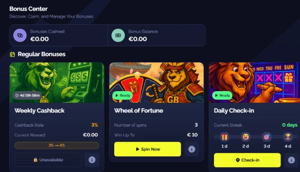 Goldbet bonus center showing weekly cashback, Wheel of Fortune, and daily check-in bonus options.