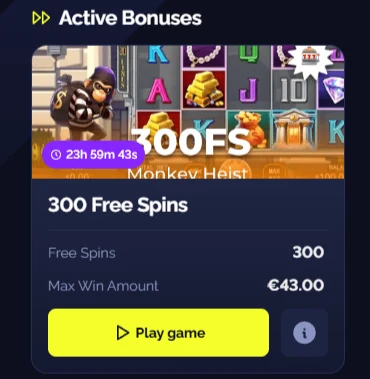 Goldbet available bonuses card showing a 300 free spins Monkey Heist bonus with activation button.