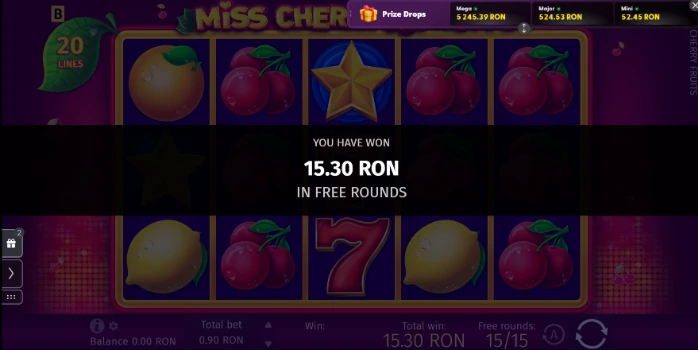 Miss Cherry Fruits slot screen showing 15.30 RON won in free rounds.