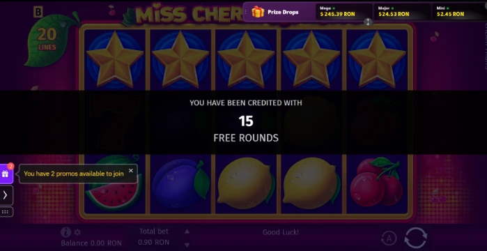 Miss Cherry Fruits slot screen showing 15 free rounds credited to the player.