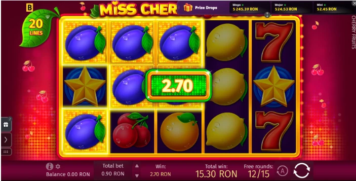 Miss Cherry Fruits slot gameplay screen showing a 2.70 RON win during free rounds.