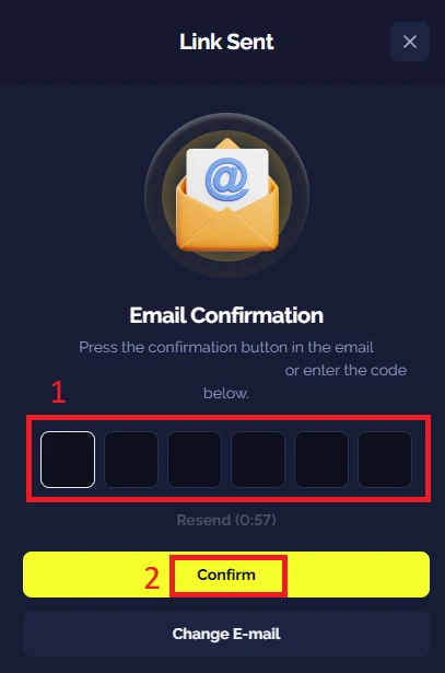 Goldbet email confirmation screen with six code entry boxes and a confirm button.