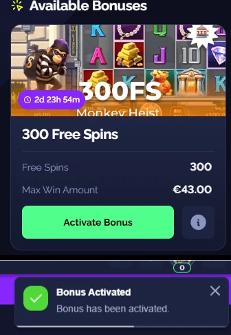 Goldbet active bonus card showing 300 free spins for Monkey Heist with a play game button.