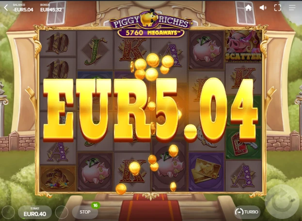 Piggy Riches Megaways gameplay screen showing a large €5.04 win overlay during bonus spins.