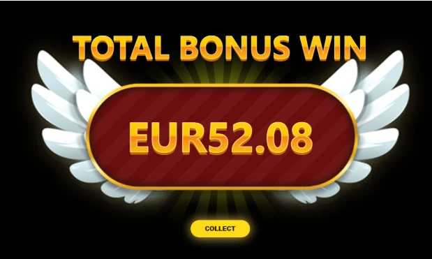 Piggy Riches Megaways total bonus win screen showing €52.08 and a collect button.
