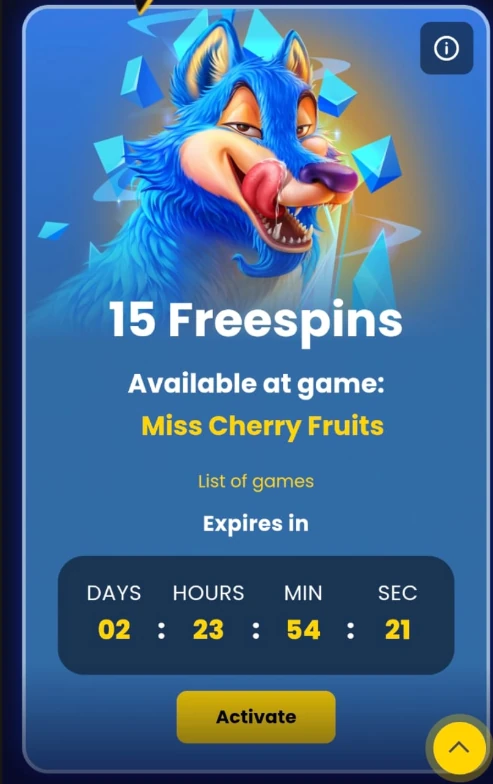 SlotsGem bonus card showing 15 free spins available for Miss Cherry Fruits with an expiry countdown and activate button.
