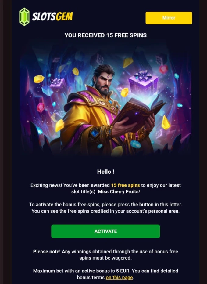 SlotsGem email showing a 15 free spins bonus with an activate button and fantasy character artwork.