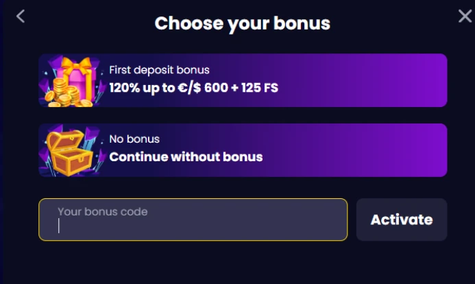SlotsGem bonus selection page showing a first deposit bonus and a no bonus option with a promo code field.