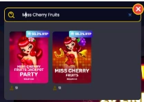 SlotsGem casino game search results showing Miss Cherry Party and Miss Cherry Fruits slots.