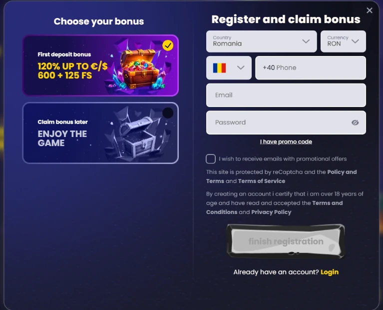 SlotsGem registration page showing Romania as the selected country, RON currency, and a first deposit bonus choice.