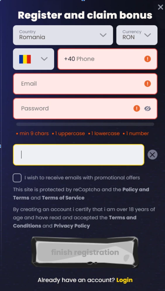 SlotsGem registration form showing validation warnings for phone number, email, password, and promo code fields.