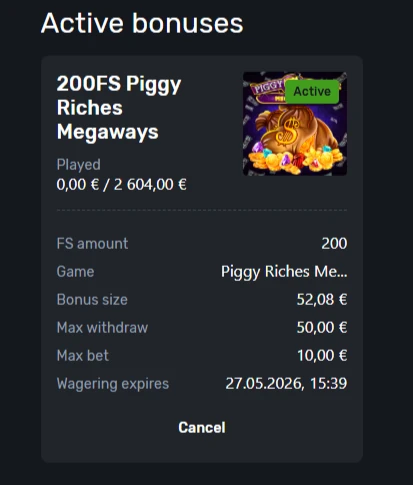 TuzBet active bonuses page showing a 200 free spins Piggy Riches Megaways bonus with bonus size, max withdrawal, max bet, and wagering expiry.