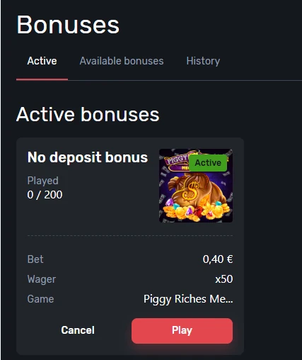 TuzBet active bonus card showing a no deposit Piggy Riches Megaways bonus with €0.40 bet value, x50 wagering, and play button.