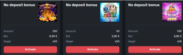 TuzBet bonus page showing three no deposit bonus cards for Piggy Riches Megaways, Reactoonz, and Sugar Rush 1000.