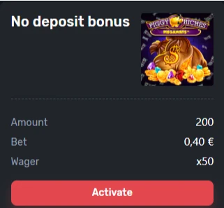 TuzBet Casino no deposit bonus card showing 200 free spins, €0.40 bet value, x50 wagering, and an activate button.