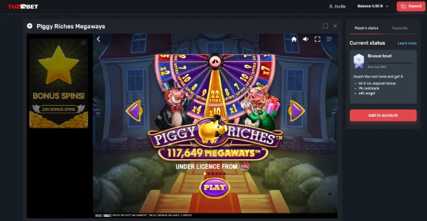 TuzBet casino game page showing Piggy Riches Megaways with bonus spins and a play button.