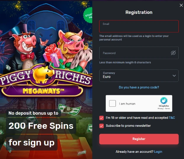 TuzBet registration page promoting a Piggy Riches Megaways no deposit bonus with 200 free spins for sign up.