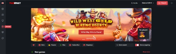 TuzBet casino page showing Wild West Gold Blazing Bounty with game category tabs and account navigation.