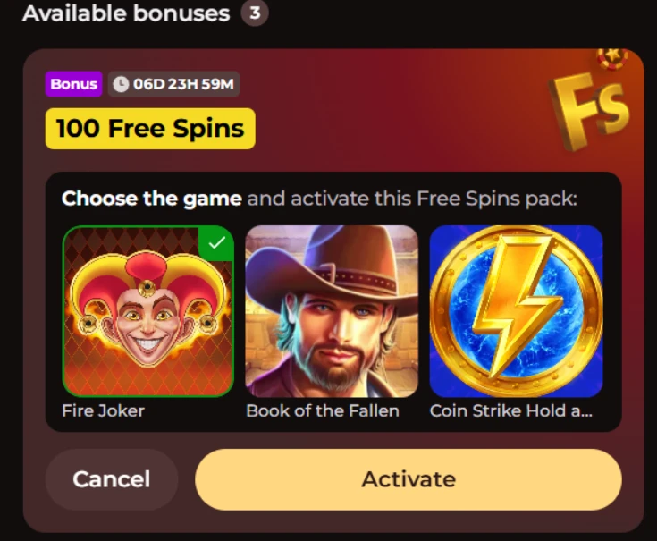 Casino bonus page showing a 100 free spins pack with Fire Joker, Book of the Fallen, and Coin Strike game choices.