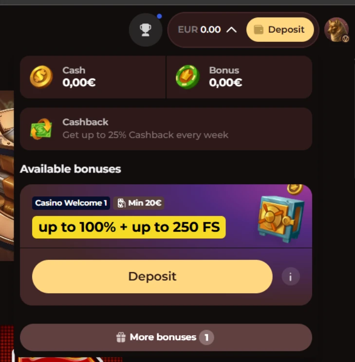 Vinci Spin Casino bonus page showing cash balance, bonus balance, cashback, and an available casino welcome bonus card.