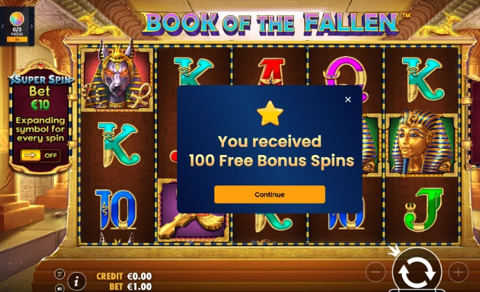 Vinci Spin Casino Book of the Fallen slot screen showing a popup confirming 100 free bonus spins received.