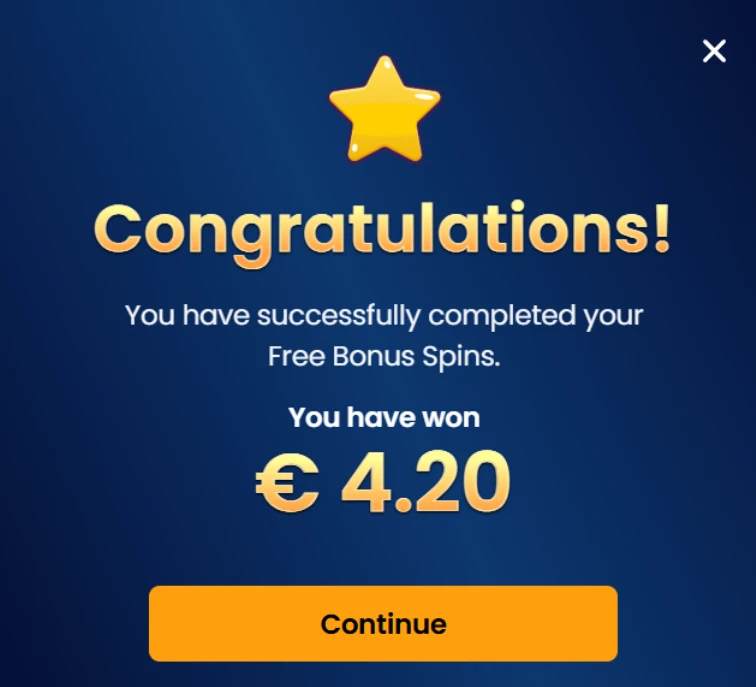 Vinci Spin Casino bonus result screen showing congratulations and a €4.20 win from free bonus spins.
