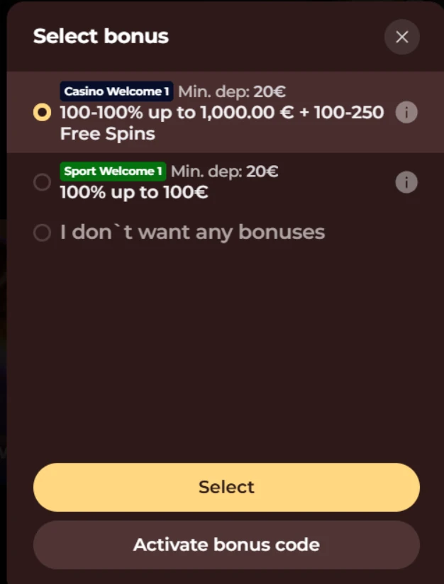 Vinci Spin Casino bonus selection popup showing casino welcome, sport welcome, and no bonus options.