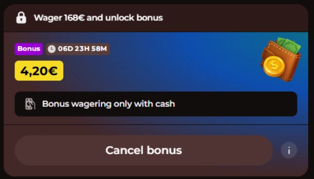 Vinci Spin Casino bonus page showing a €4.20 bonus balance and a requirement to wager €168 to unlock the bonus.
