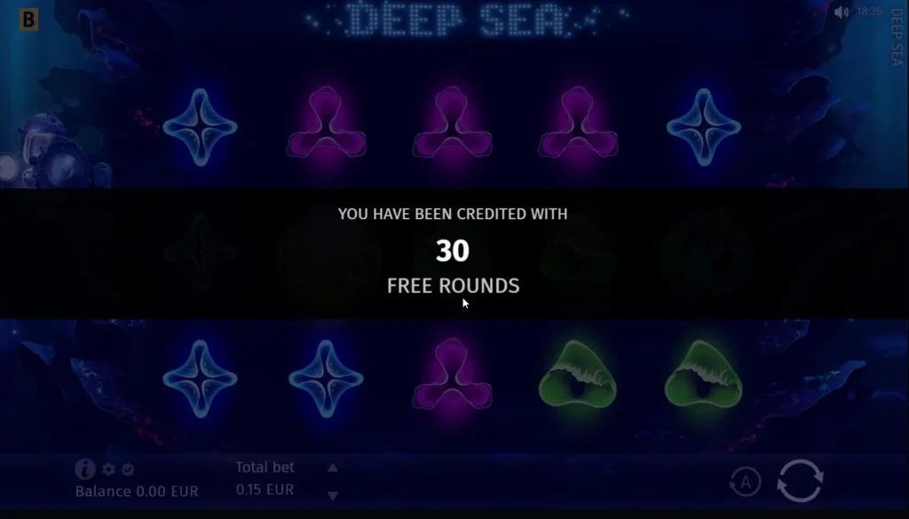7Bit Casino Deep Sea slot screen showing a message that 30 free rounds have been credited.