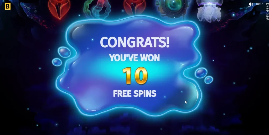 7Bit Casino Deep Sea slot screen showing a popup confirming 10 free spins won.