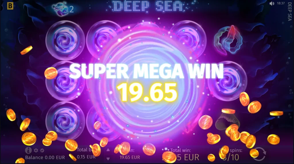 7Bit Casino Deep Sea slot screen showing a Super Mega Win of 19.65 with falling coins.