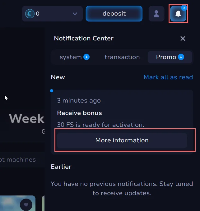 7Bit Casino notification center showing a promo notification for 30 free spins ready for activation.