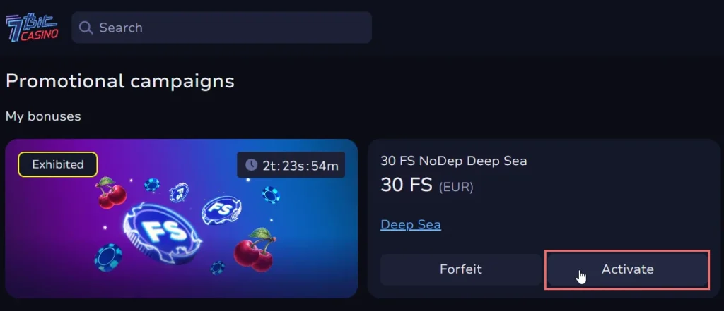 7Bit Casino promotional campaigns page showing a 30 free spins NoDep Deep Sea bonus with Activate button.