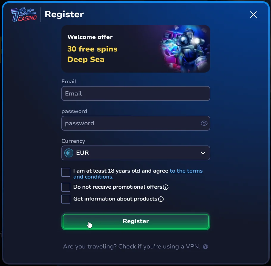7Bit Casino registration form showing 30 free spins Deep Sea welcome offer, email, password, currency, terms checkbox, and Register button.
