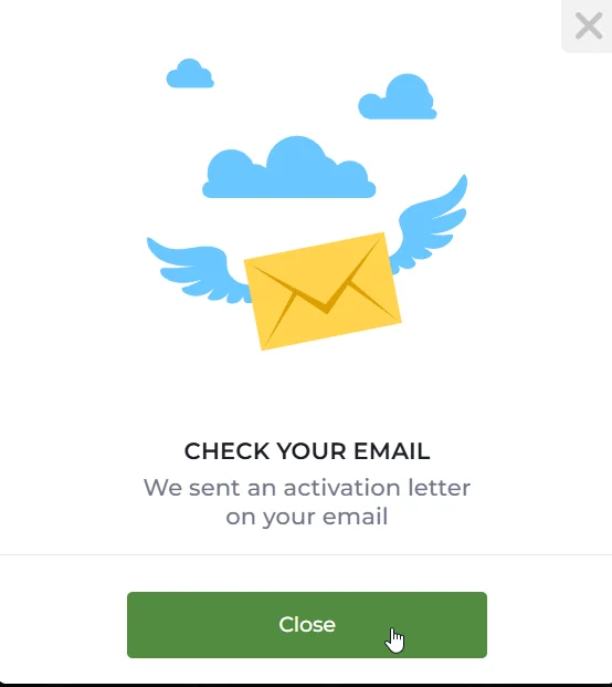 AMPM casino email verification popup showing a flying envelope graphic, Check Your Email message, and green Close button.