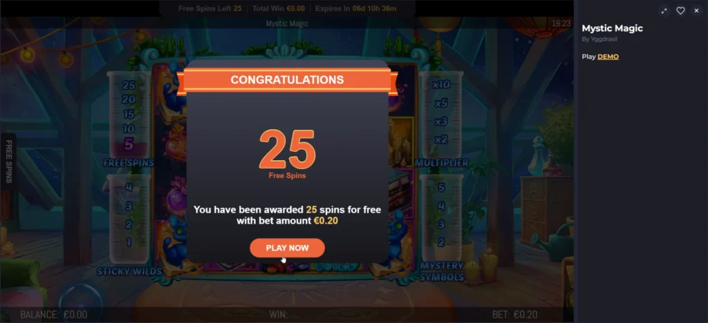 AMPM casino Mystic Magic slot screen showing a congratulations popup awarding 25 free spins with 0.20 euro bet amount.