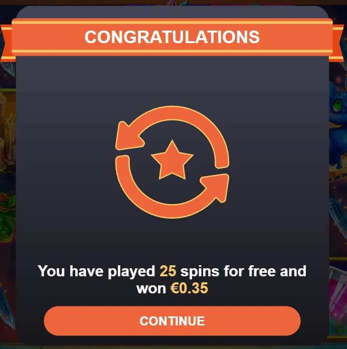 AMPM casino Mystic Magic result popup showing 25 free spins played and 0.35 euro won.