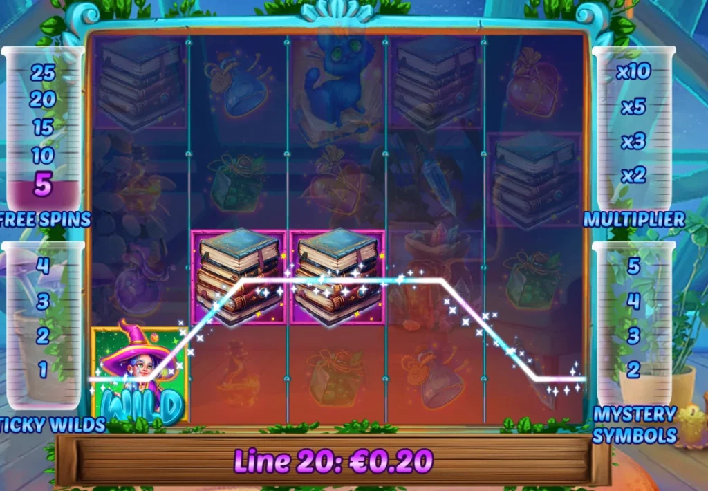 AMPM casino Mystic Magic slot screen showing a 0.20 euro line win during free spins.