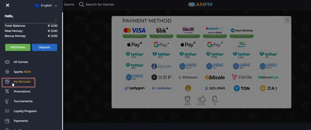 AMPM casino payment method popup showing card, e-wallet, open banking, and cryptocurrency deposit options.