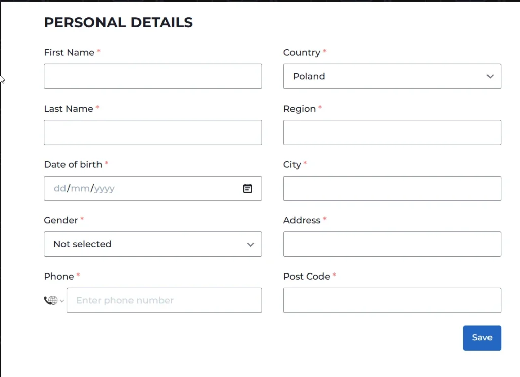 AMPM casino personal details form showing fields for name, date of birth, gender, phone, country, region, city, address, and post code.