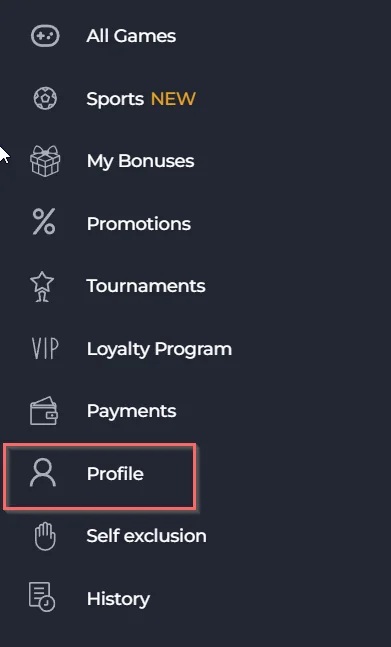 AMPM casino side menu showing navigation options with Profile highlighted.