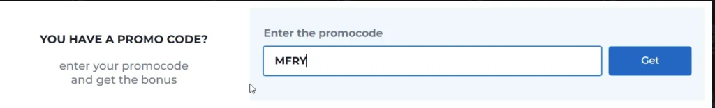AMPM casino promo code section showing MFRY entered in the promocode field and a blue Get button.