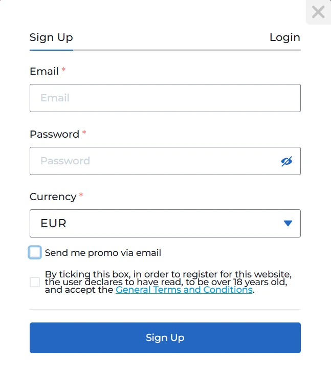 AMPM casino sign up form showing email, password, currency, promo email checkbox, terms confirmation, and blue Sign Up button.